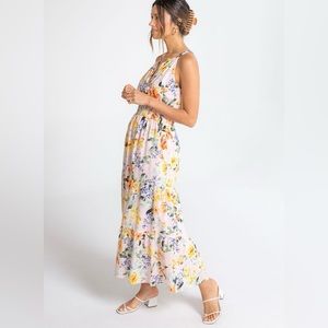 Raga for Anthropologie Hibisucus Tiered Halter Neck Maxi Dress White Multi Print